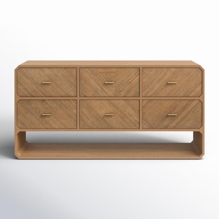 Modern Natural Ash Veneer 6-Drawer Dresser with Satin Brass Hardware