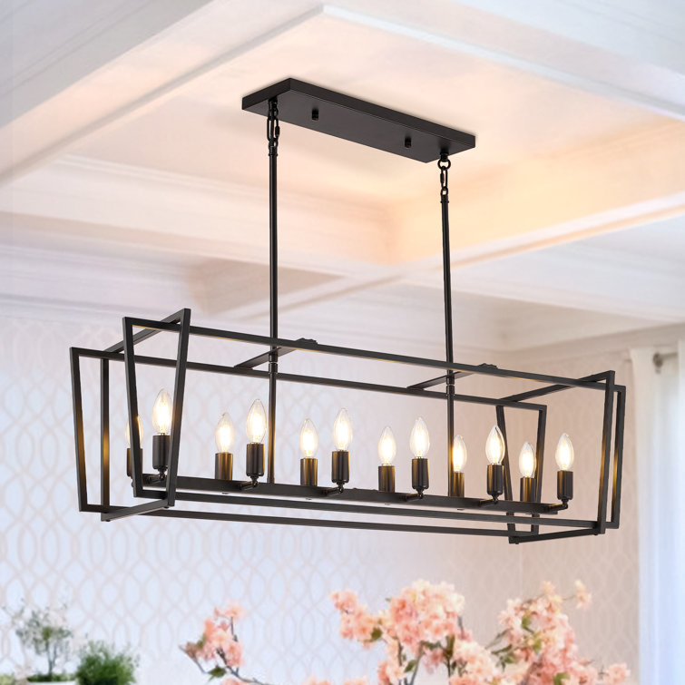 Black 12-Light Rectangular Farmhouse Kitchen Island Pendant