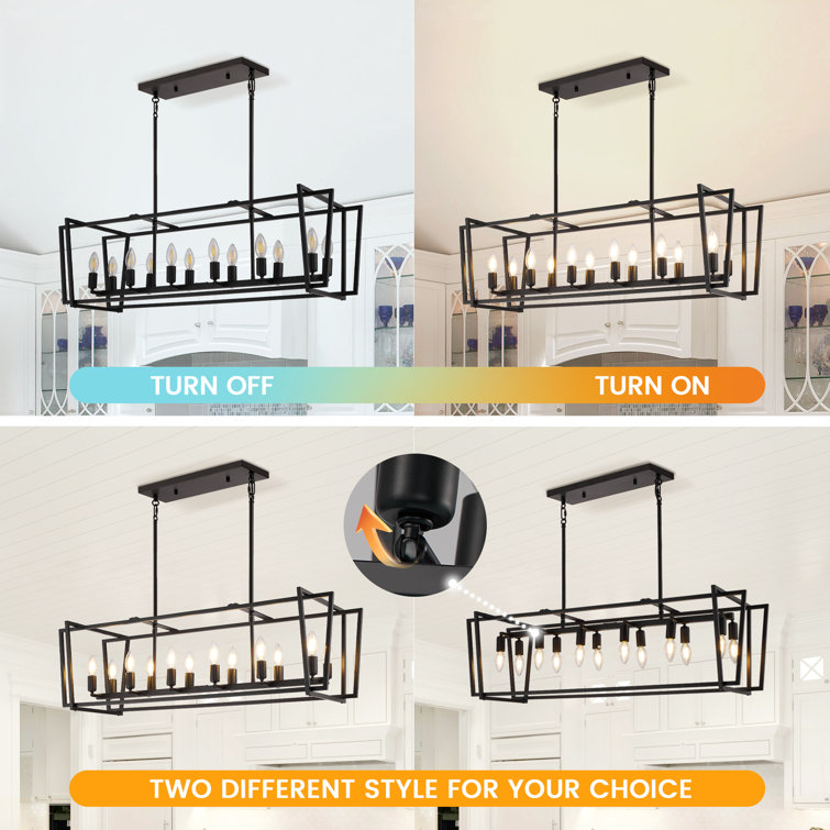 Black 12-Light Rectangular Farmhouse Kitchen Island Pendant