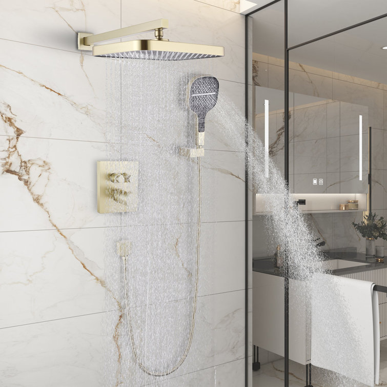 Brushed Gold Dual Square Rainfall Shower System with Handheld