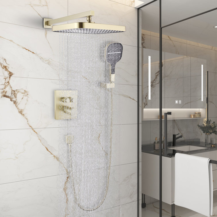 Brushed Gold Dual Square Rainfall Shower System with Handheld