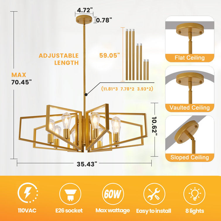 Gold 8-Light Geometric Metal Chandelier