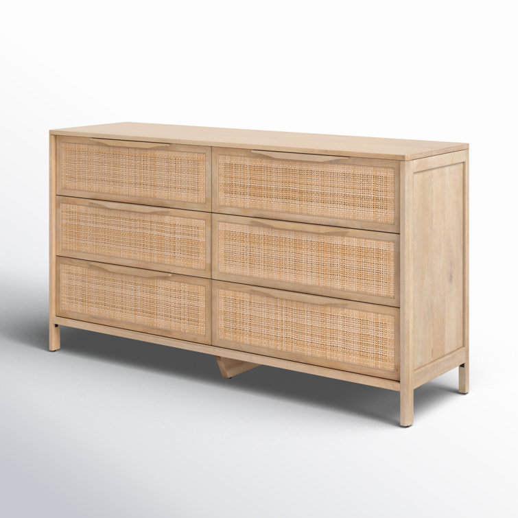 Coastal Charm Double Dresser with Mirror in Natural Mango & Woven Cane