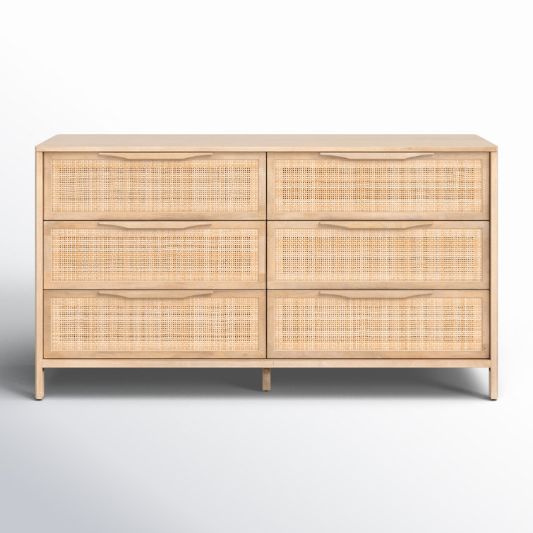 Coastal Charm Double Dresser with Mirror in Natural Mango & Woven Cane