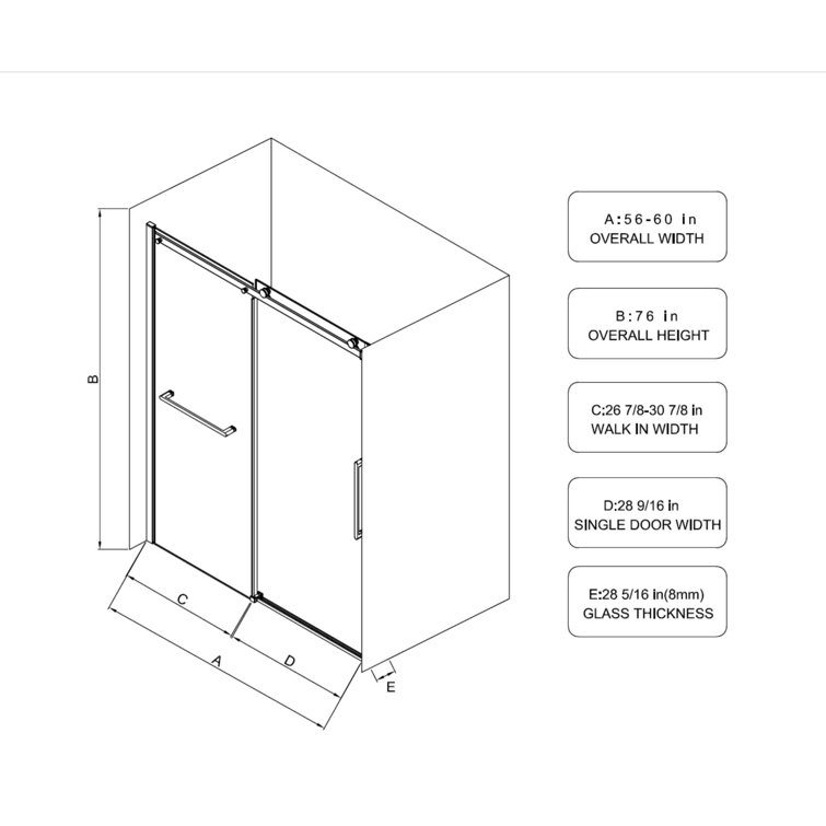 Matte Black Frameless Sliding Glass Shower Door, 56-60"W x 76"H