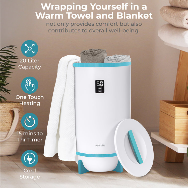 SereneLife White and Blue Bucket Towel Warmer with Timer