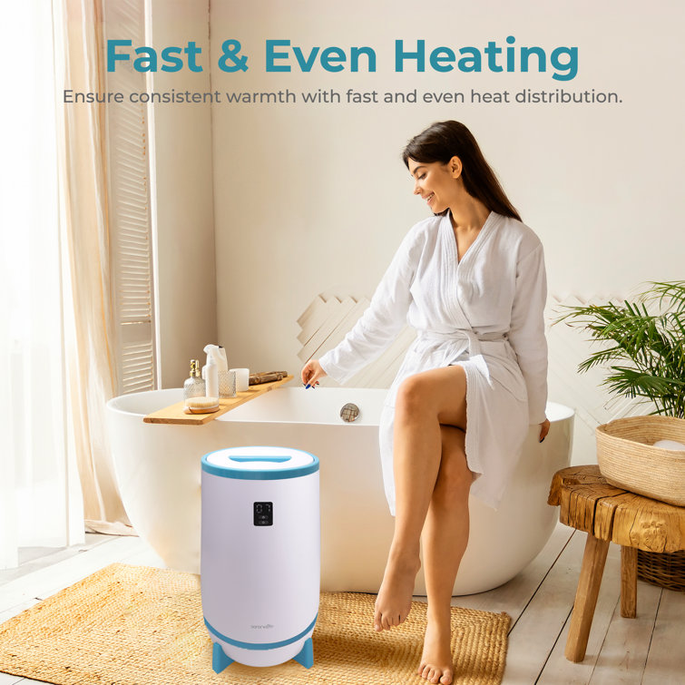 SereneLife White and Blue Bucket Towel Warmer with Timer