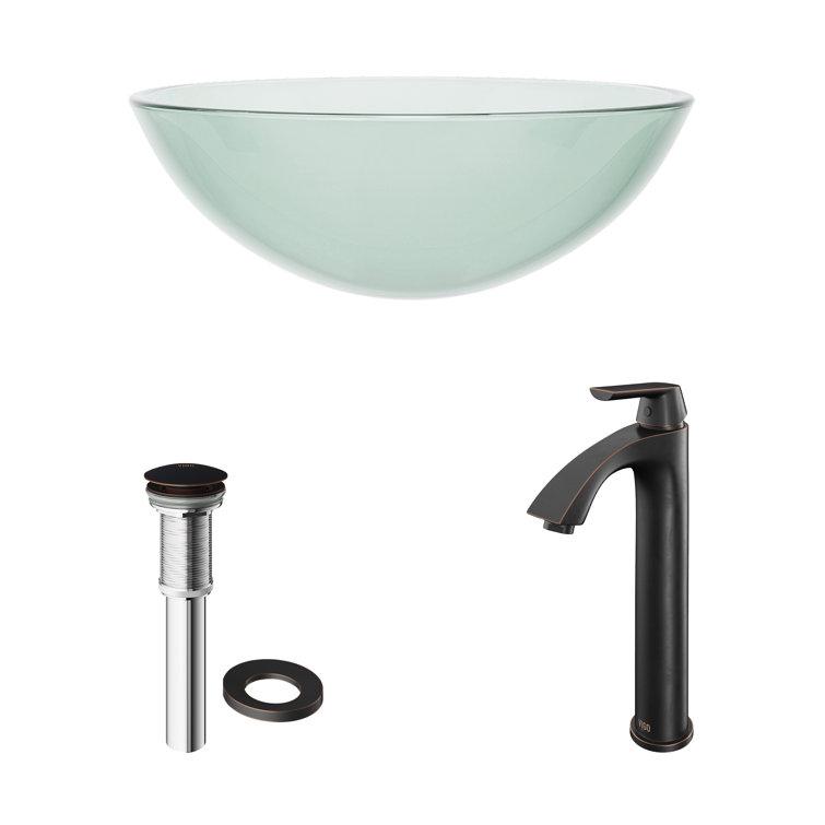 Clear Round Glass Vessel Sink with Antique Rubbed Bronze Faucet