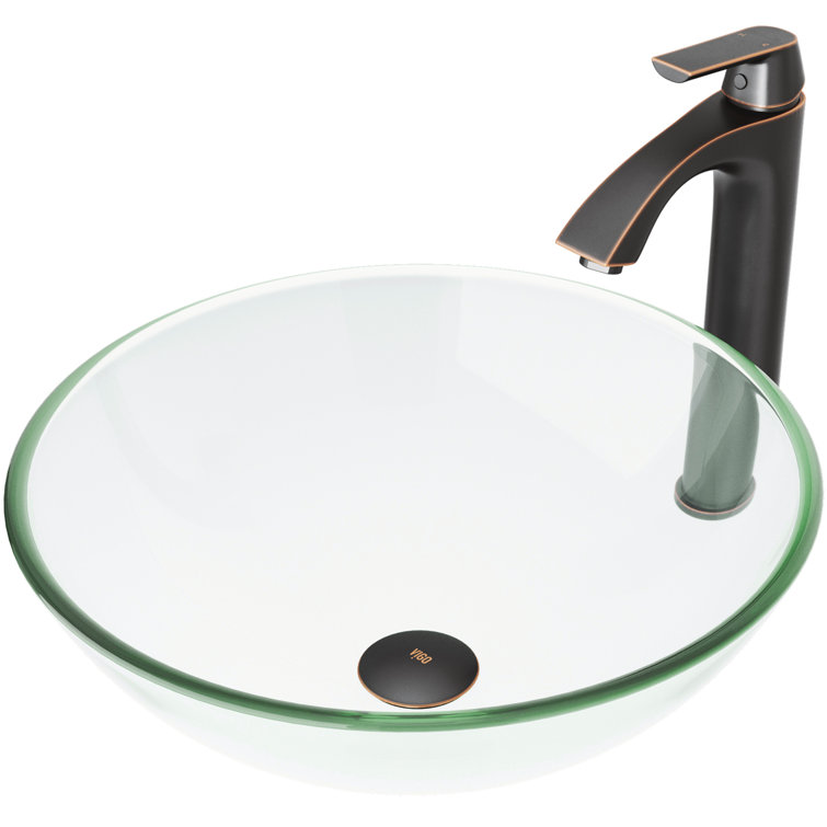 Clear Round Glass Vessel Sink with Antique Rubbed Bronze Faucet