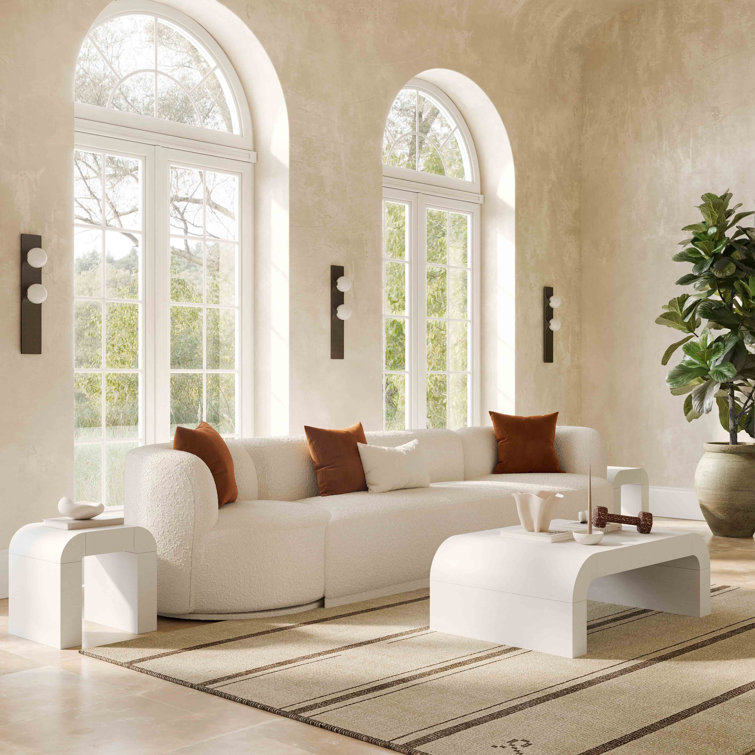 White Acacia Wood Rectangular Coffee Table with Rounded Legs