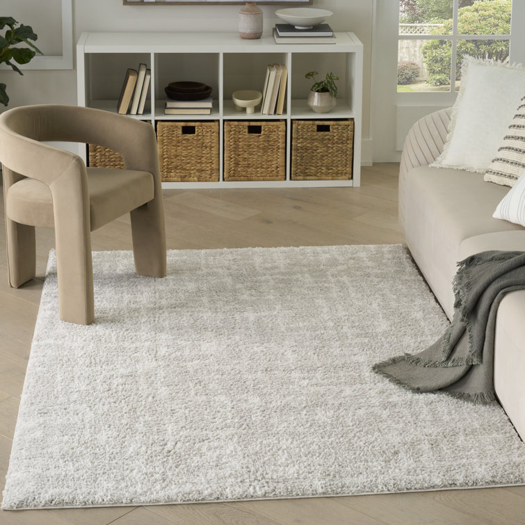 Ivory Grey Abstract Shag Synthetic Rectangular Rug 3'11" x 5'11"