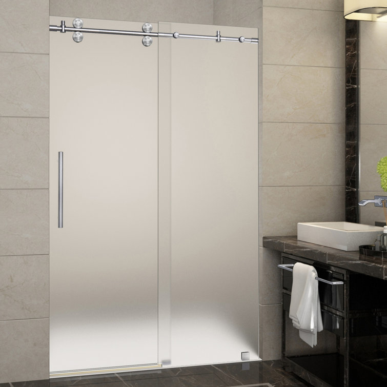 Langham 48" Frameless Sliding Shower Door with Frosted Glass and Stainless Steel Frame