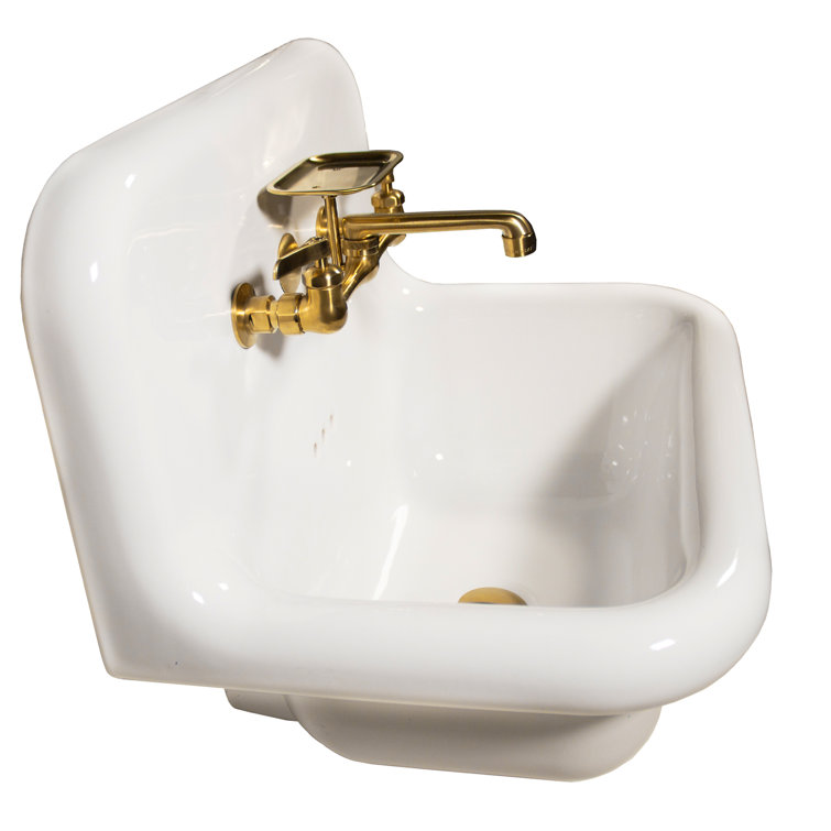 Victorian White Ceramic Wall-Mount Bathroom Sink with Satin Brass Faucet
