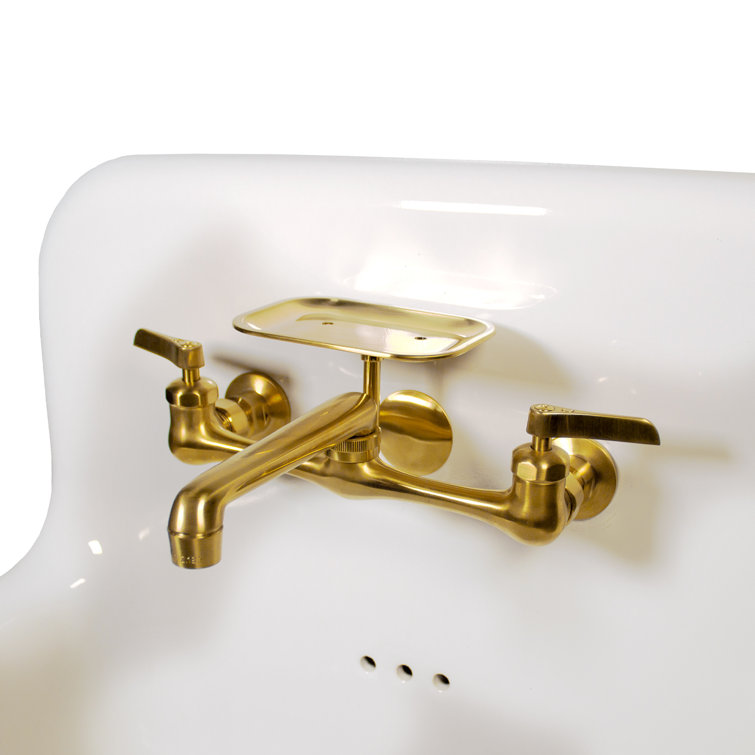 Victorian White Ceramic Wall-Mount Bathroom Sink with Satin Brass Faucet