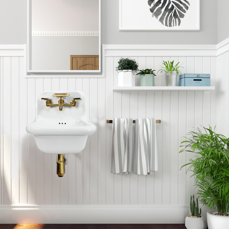 Victorian White Ceramic Wall-Mount Bathroom Sink with Satin Brass Faucet