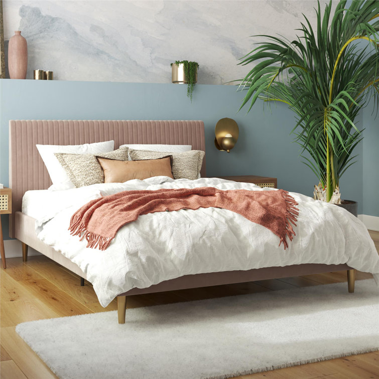 Blush Velvet Full Upholstered Bed with Tufted Headboard