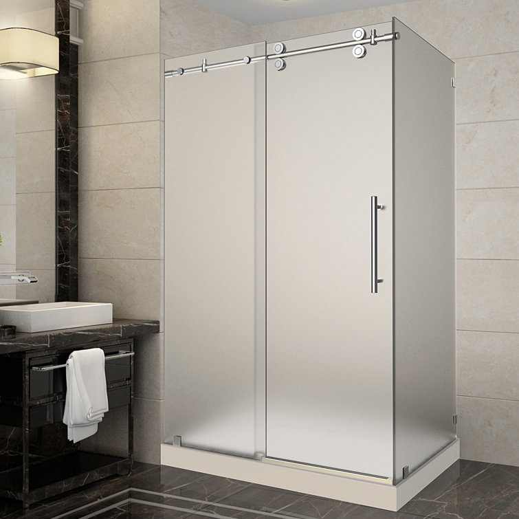 Langham 48" Chrome Frameless Sliding Shower Enclosure with Frosted Glass