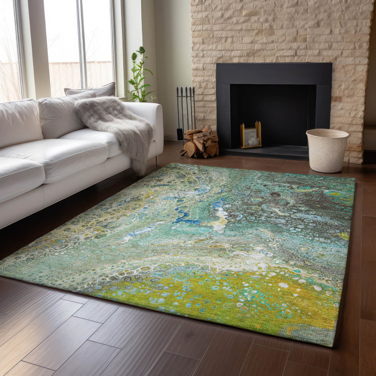 Teal Abstract Rectangular Washable Synthetic Rug 46" x 30"