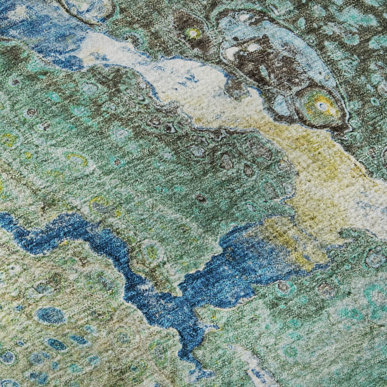 Teal Abstract Rectangular Washable Synthetic Rug 46" x 30"