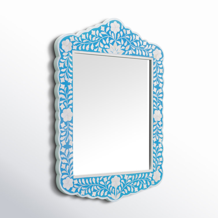 Blue and White Ornate Rectangular Wood Wall Mirror