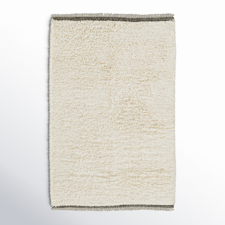 Ivory Handwoven Wool Shag Rug with Tassel Fringe, 5 ft x 8 ft