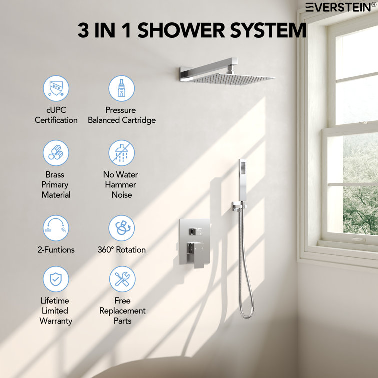 Chrome Dual Square Rain Shower System with Handheld Spray