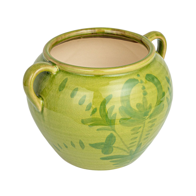 Green Hand-Painted Ceramic Urn with Handles