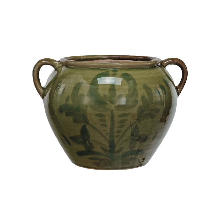 Green Hand-Painted Ceramic Urn with Handles