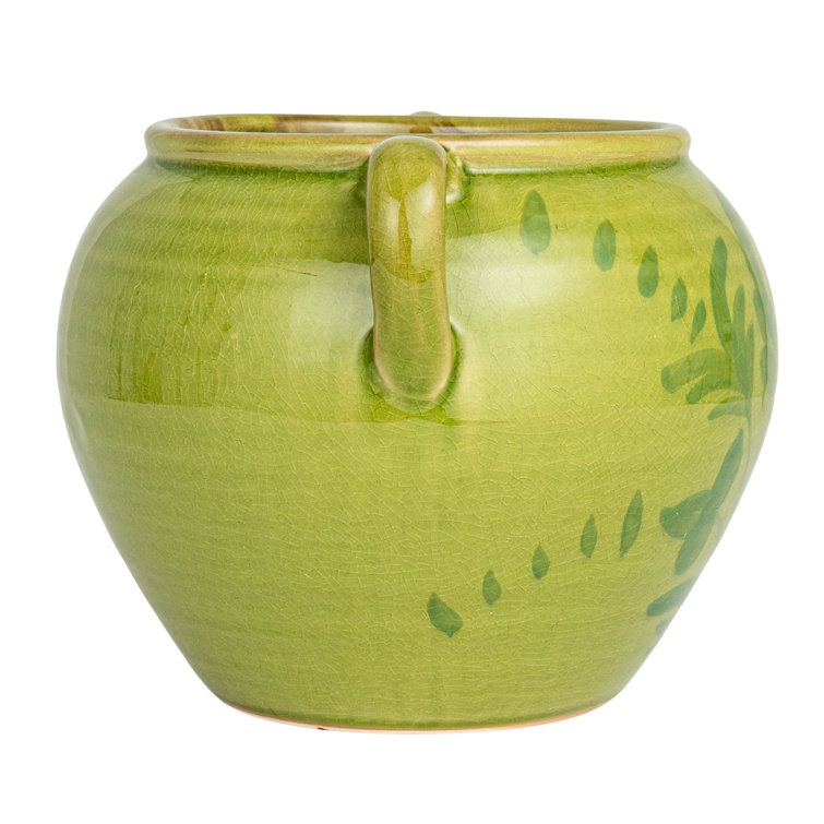 Green Hand-Painted Ceramic Urn with Handles