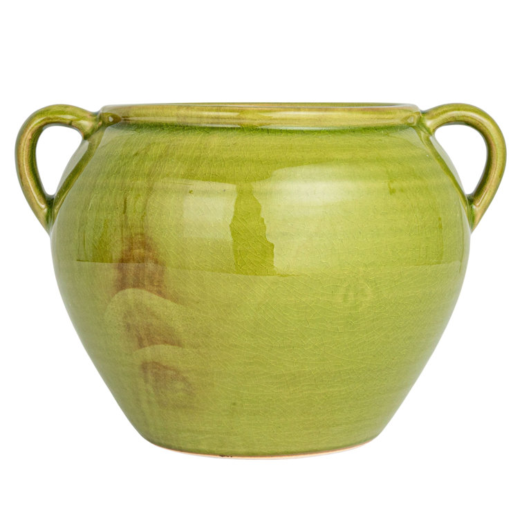 Green Hand-Painted Ceramic Urn with Handles