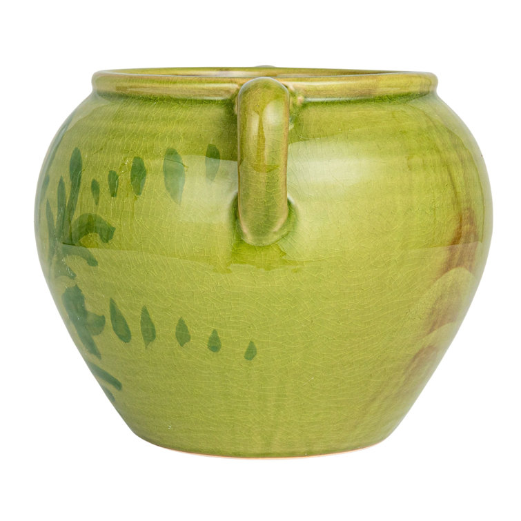 Green Hand-Painted Ceramic Urn with Handles