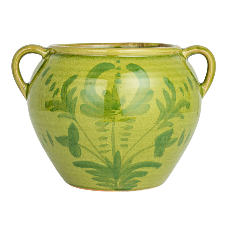 Green Hand-Painted Ceramic Urn with Handles