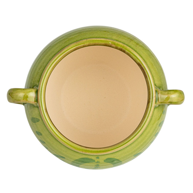 Green Hand-Painted Ceramic Urn with Handles