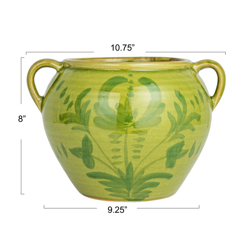 Green Hand-Painted Ceramic Urn with Handles