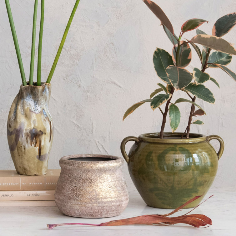 Green Hand-Painted Ceramic Urn with Handles