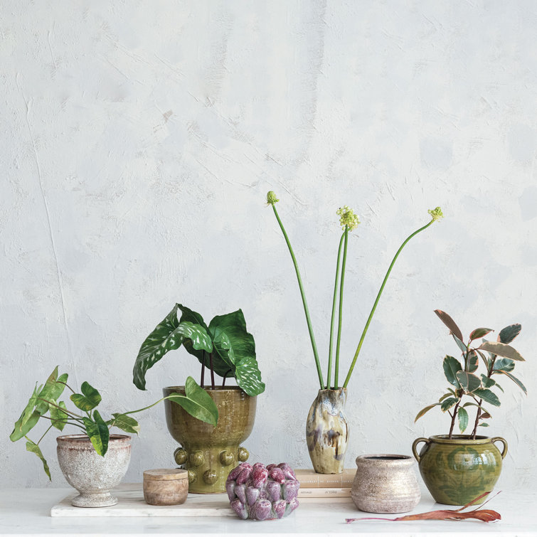 Green Hand-Painted Ceramic Urn with Handles
