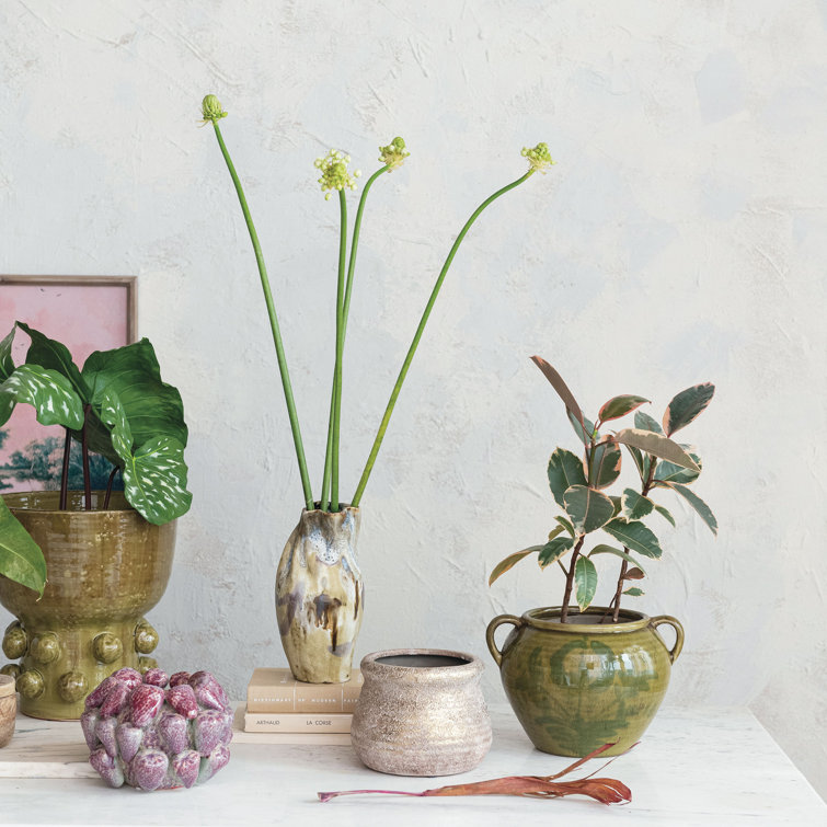 Green Hand-Painted Ceramic Urn with Handles