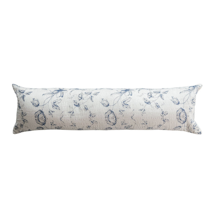 Blue Floral Patterned Cotton and Linen Lumbar Pillow