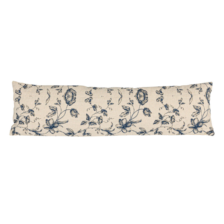 Blue Floral Patterned Cotton and Linen Lumbar Pillow