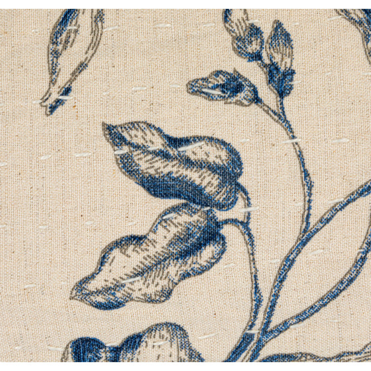 Blue Floral Patterned Cotton and Linen Lumbar Pillow