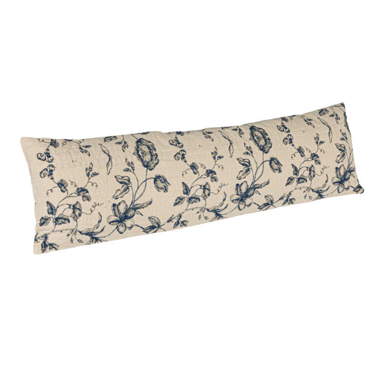 Blue Floral Patterned Cotton and Linen Lumbar Pillow