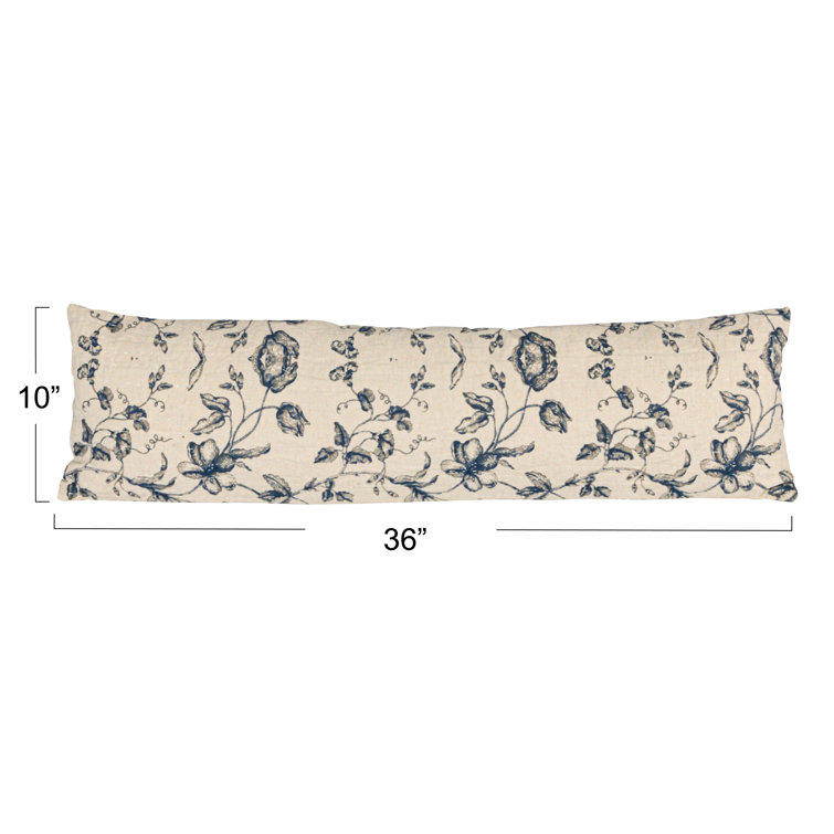 Blue Floral Patterned Cotton and Linen Lumbar Pillow
