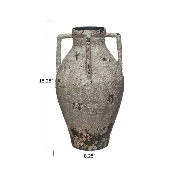 Distressed White Metal Urn with Handles, 15.25 Inches