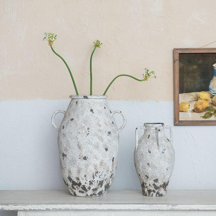 Distressed White Metal Urn with Handles for Indoor Decor