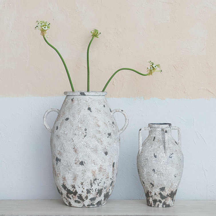 Distressed White Metal Urn with Handles, 15.25 Inches