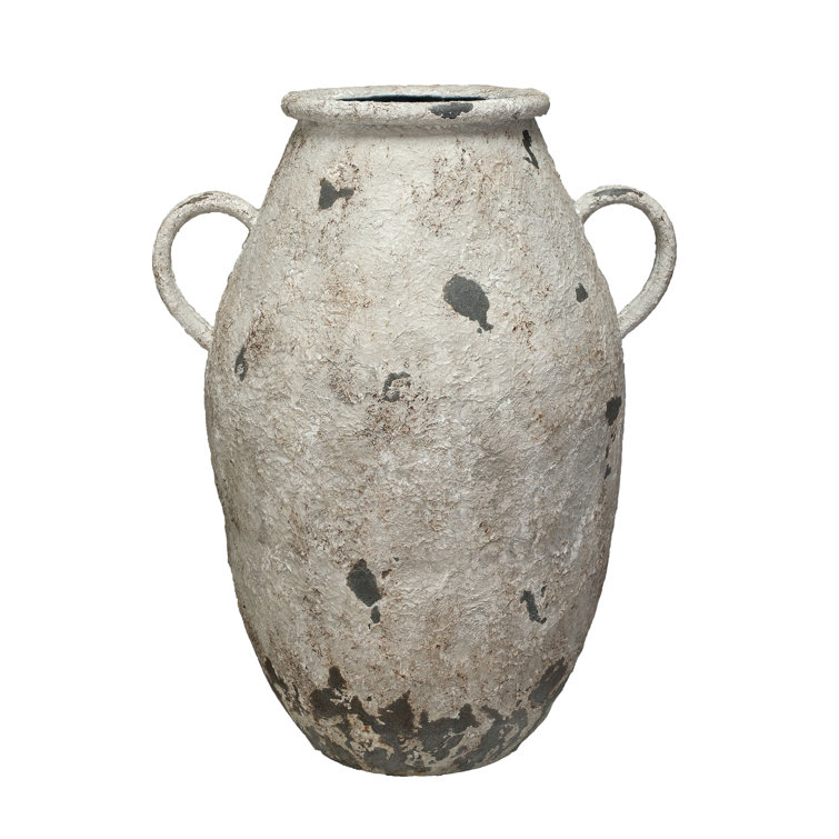Distressed White Metal Urn with Handles for Indoor Decor