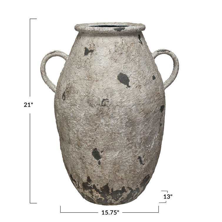 Distressed White Metal Urn with Handles for Indoor Decor