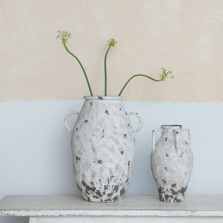 Distressed White Metal Urn with Handles for Indoor Decor