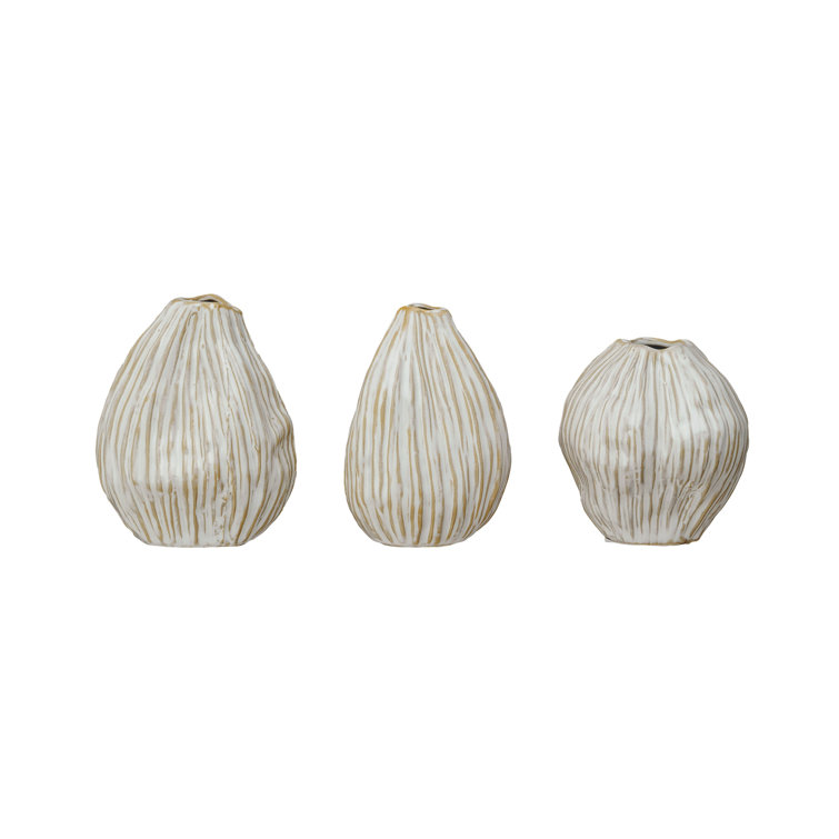 Whispering White and Beige Ceramic Pleated Vase Trio