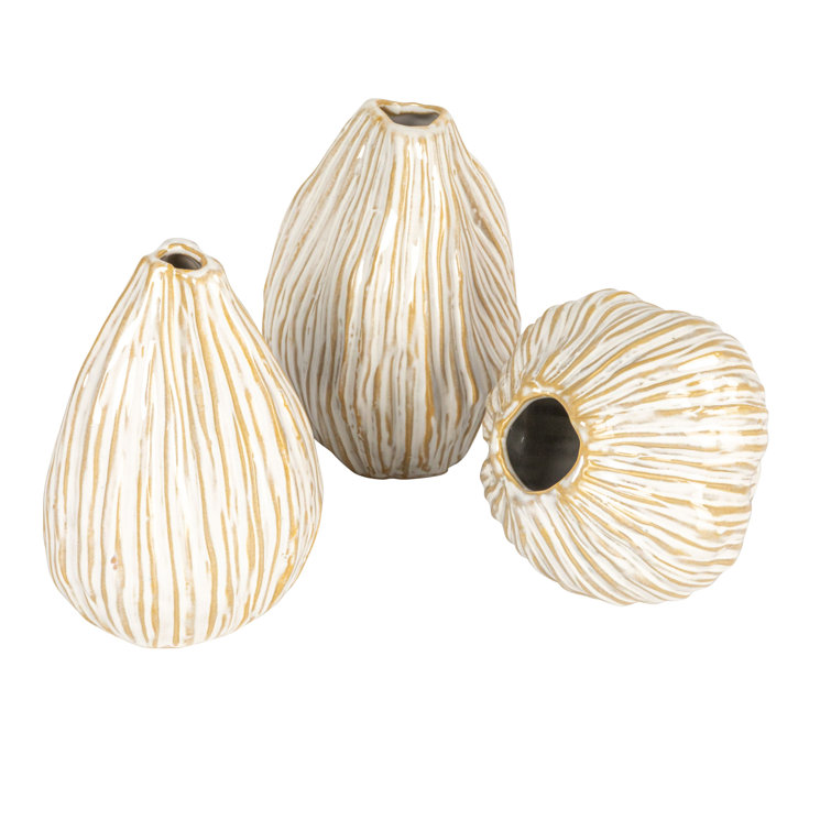 Whispering White and Beige Ceramic Pleated Vase Trio